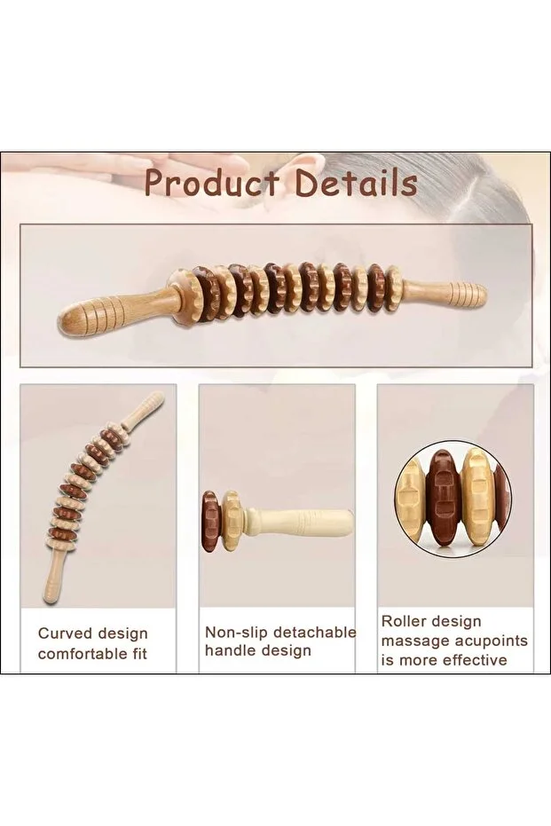 Ahşap Ergonomik Kavisli Tasarımlı Masaj Aleti Roller Masaj Çubuğu Selülit ve Kas Rahatlatıcı Vücut Masaj 